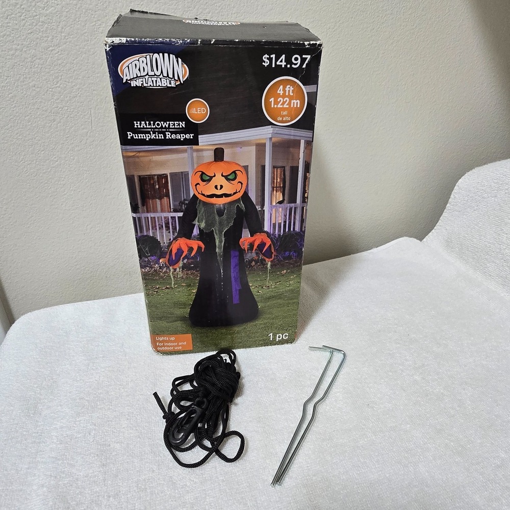 Halloween Gemmy Airblown Inflatable 4' Light Up LED Pumpkin Reaper Decoration